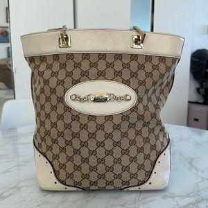 Vintage Gucci GG Canvas and Ivory Leather Medium Size Tote Bag